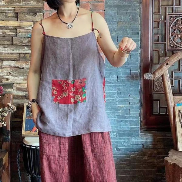 燕燕～夏款  棉麻 百搭舒適拼接前後兩穿寬鬆吊帶上衣 背心棉麻杉 