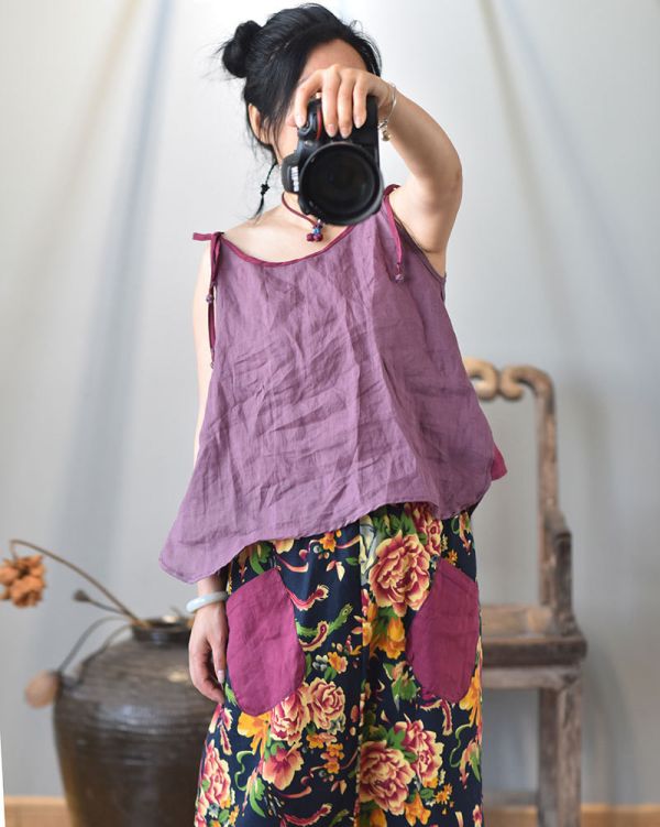 燕燕~春秋款 純苧麻 撞色盤扣吊帶背心 