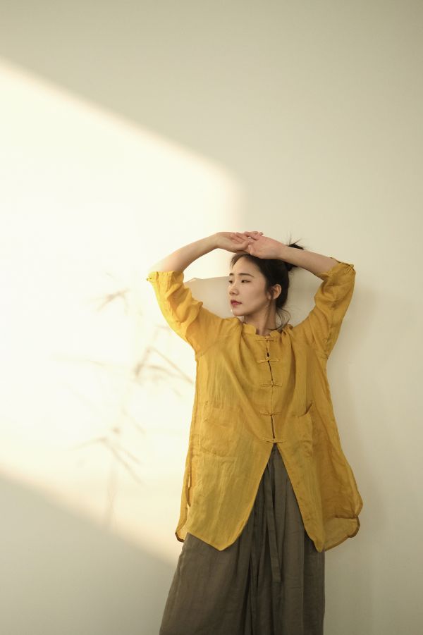 燕燕~棉麻商品~苧麻 仙氣清透中式盤扣防曬 寬鬆中性長開衫 襯衫 ab2303001 