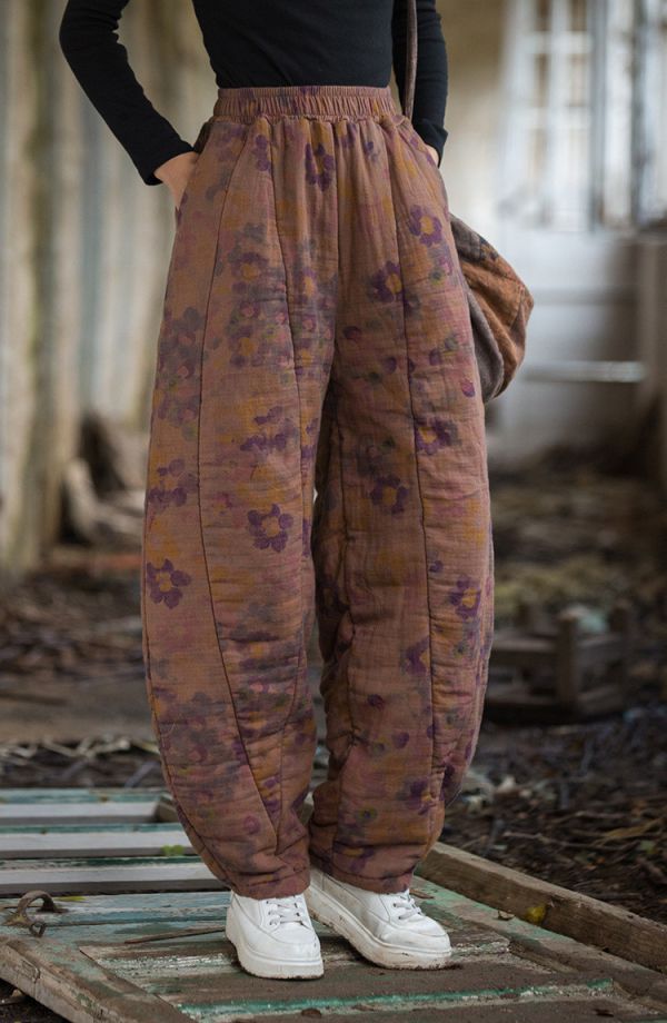 燕燕～秋冬新款 手染夾棉絎縫褲子12片拼接文藝燈籠褲女式棉褲 