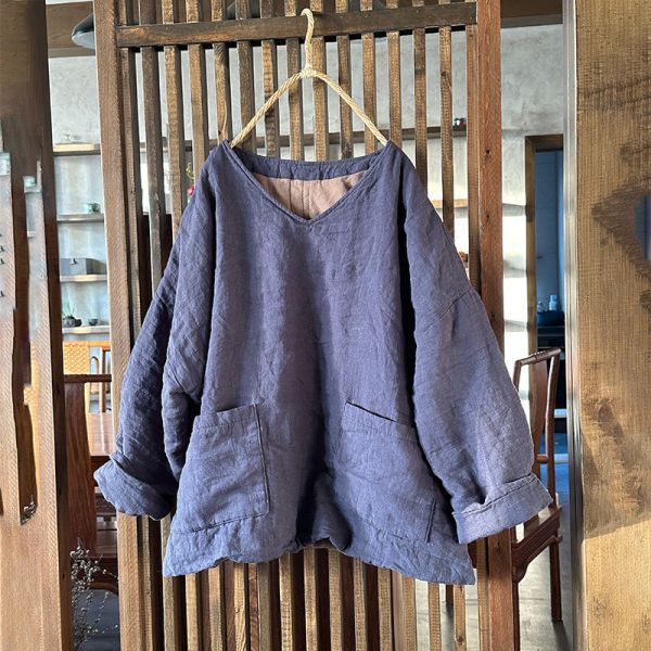 燕燕～秋冬款 亞麻    v領夾棉小襖文藝保暖上衣 寬鬆復古棉衣棉服上衣 