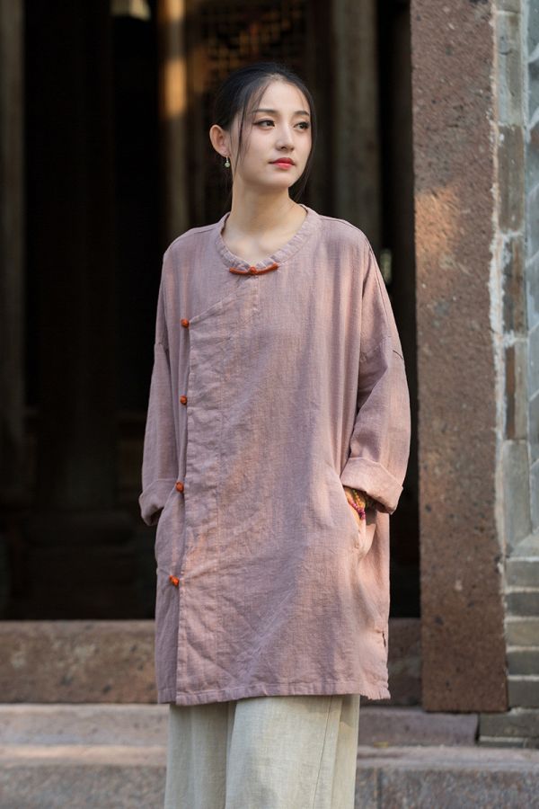 燕燕~秋季新款 苧麻砂洗大開襟衫 新中式改良簡約禪意上衣 