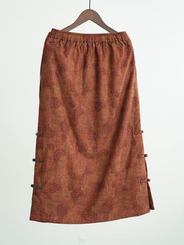 燕燕~復古文藝印花磨毛保暖夾棉盤扣加厚直筒裙 長裙 aB2532001 