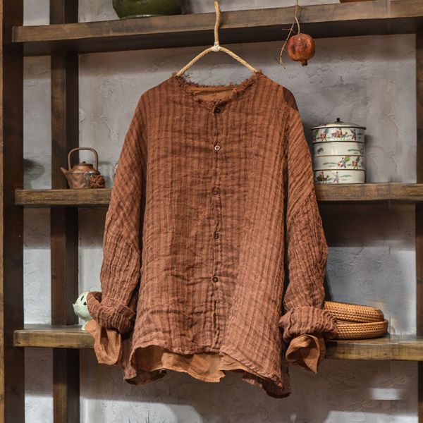 燕燕~ 亞麻   稀疏條紋色織砂洗毛邊外套 百搭長袖休閒寬鬆麻衫 