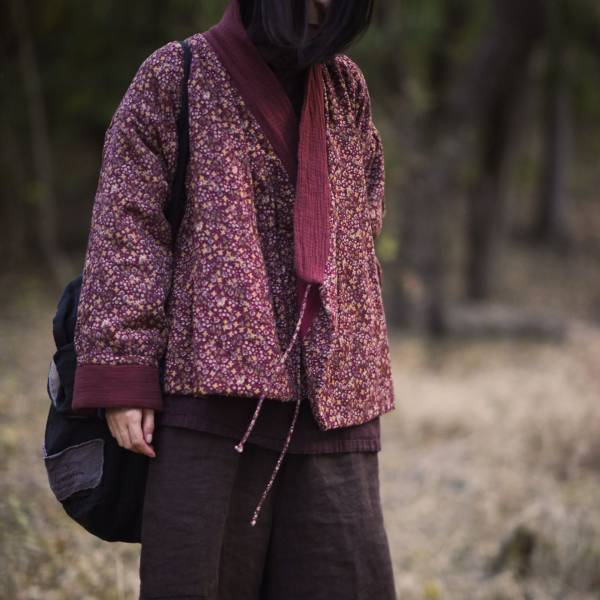 燕燕棉麻~~復古數碼印花拼接斜襟繫帶夾棉短款棉服外套  短大衣 