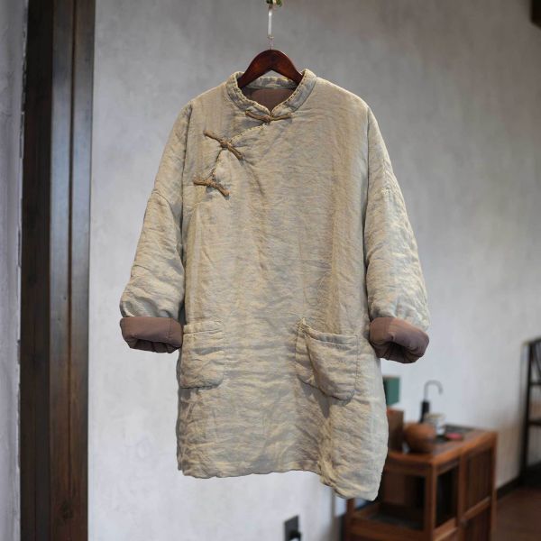 燕燕~冬季 色織亞麻加厚棉 手工縫線中長棉衣大口袋棉服棉襖外套 