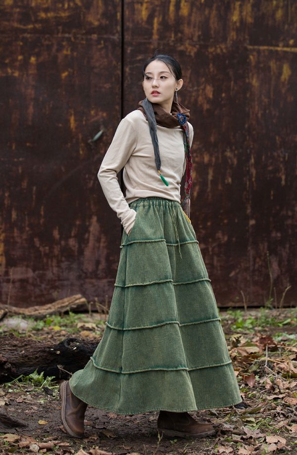 燕燕～秋冬新品  苧麻加絨加厚炒色裙子文藝復古百搭長裙 