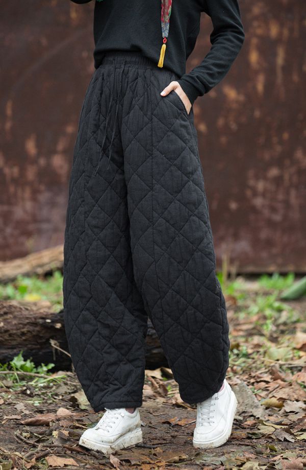 燕燕~秋冬新款 夾棉加厚絎縫菱形格老爹褲 文藝寬鬆百搭女式棉褲 長褲 