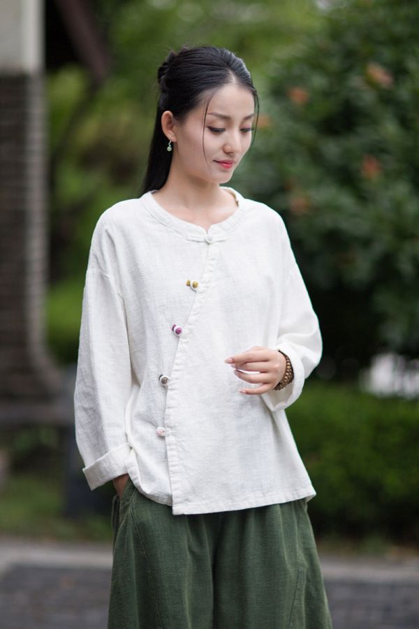 燕燕~秋季新款 禪意茶服苧麻長袖襯衫 復古斜襟盤扣上衣 