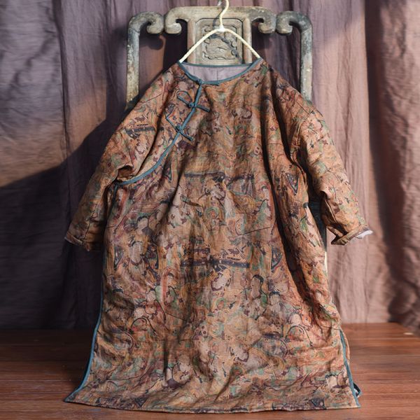 燕燕~棉麻商品~秋冬款 亞麻 印花斜襟盤扣文藝加長棉袍 寬鬆保暖棉衣上衣 連身裙 