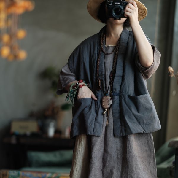 燕燕~棉麻商品~純亞麻  衍線寬鬆百搭落肩夾棉坎肩背心棉麻杉  an192901 