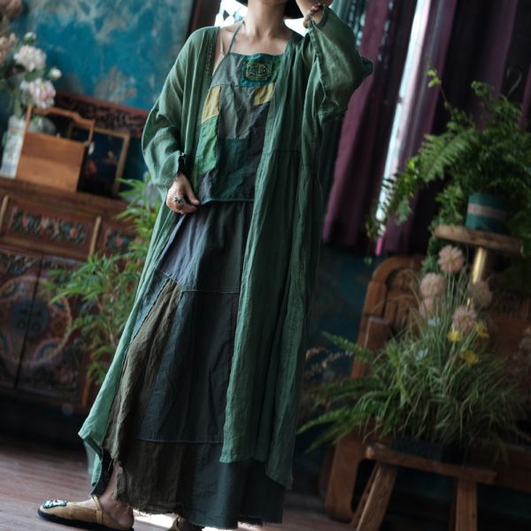 燕燕~純麻 寬鬆百搭手工繡花長外披長外套。ab219301 