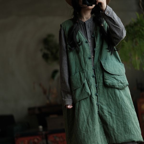 燕燕~棉麻商品~設計復古文藝小眾棉麻寬鬆口袋棉長背心  ab191701 