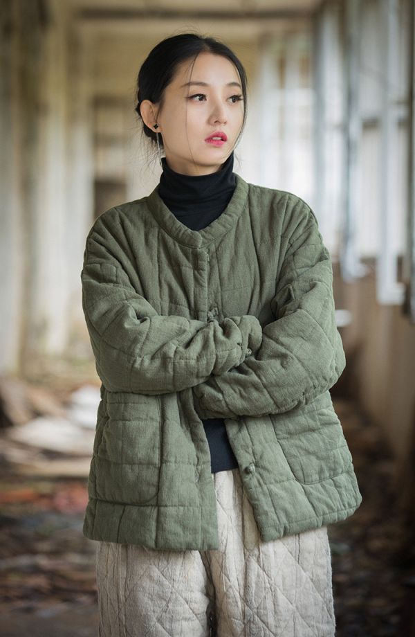 燕燕~冬季新款 莧麻夾棉絎縫方格棉襖棉服時尚文藝個性女式短棉衣外套 