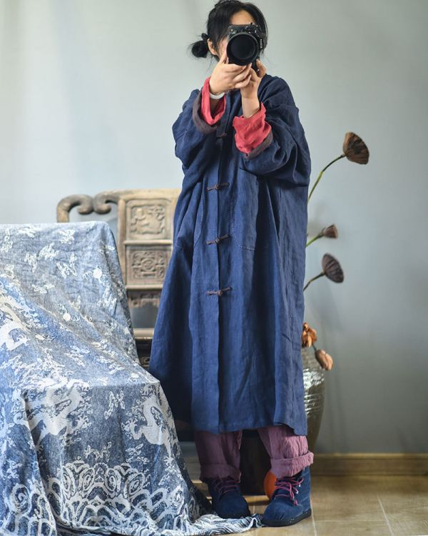 燕燕~春秋款 亞麻.  水洗做舊復古手工盤扣長袍 風衣外套 