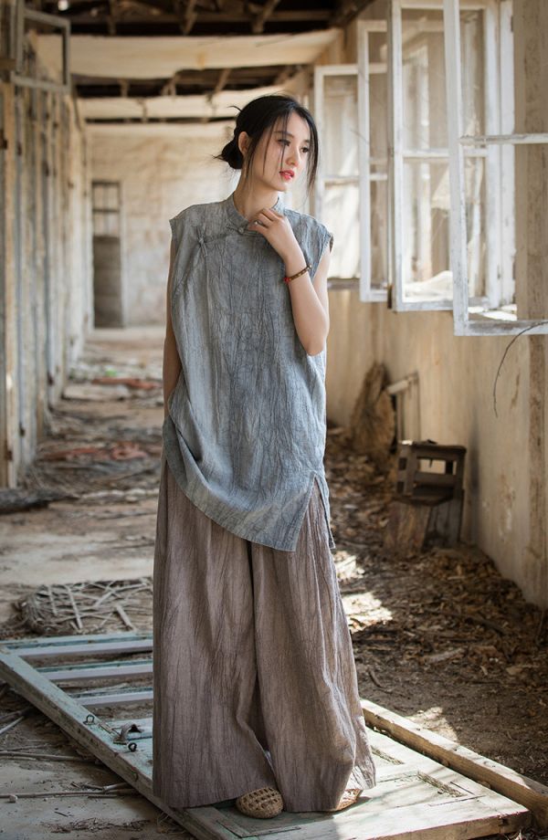 燕燕~夏季新款 苧麻薄款紮染全新中式盤扣無袖上衣 