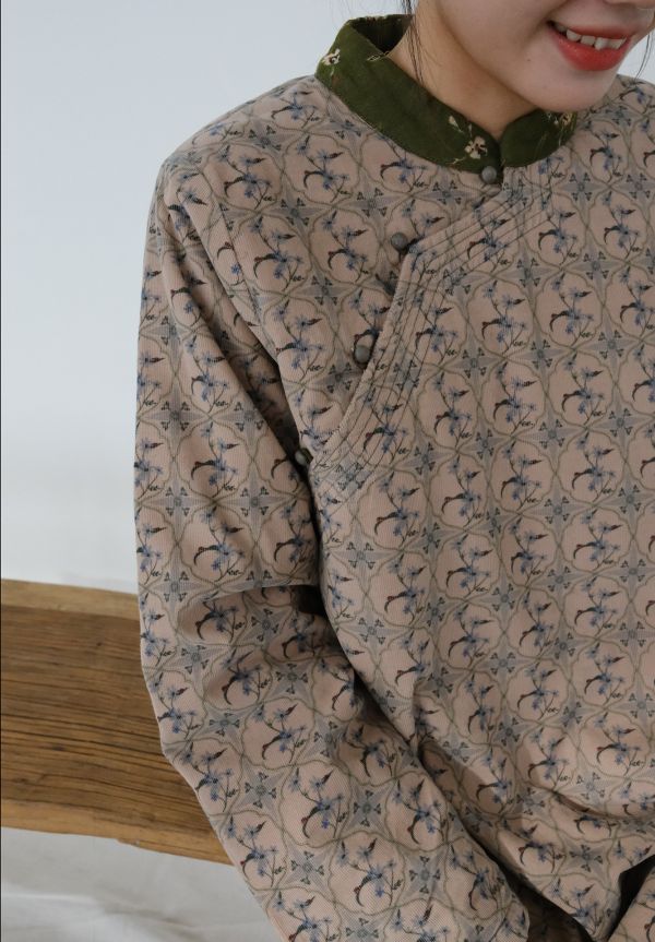 燕燕~棉麻商品~燈芯絨. 寬鬆加厚立領棉服  印花夾棉旗袍 洋裝 連身裙 ab2241001 