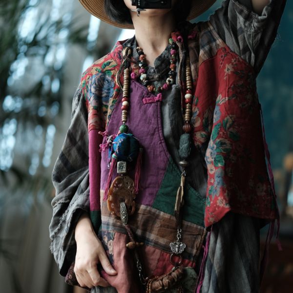 燕燕~棉麻商品~中式改良側開襟夾棉拼布背心棉麻杉. ab178301 