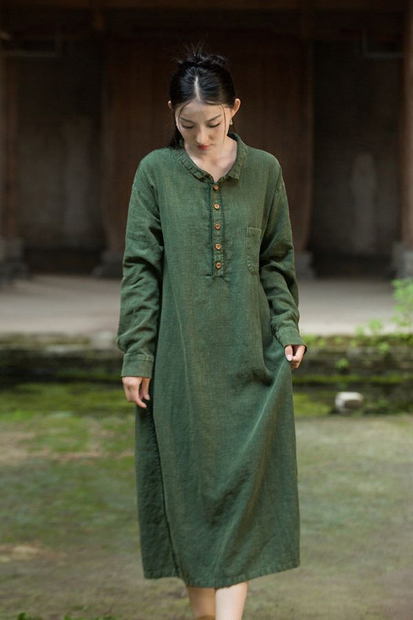 燕燕~秋季新款 莧麻磨毛砂洗炒色女禪意長袍洋裝 連身裙 