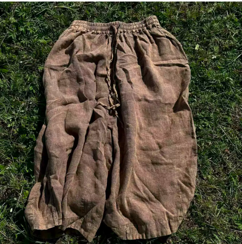 燕燕~夏季新款 砂洗亞麻文藝復古休閒繫帶長褲 