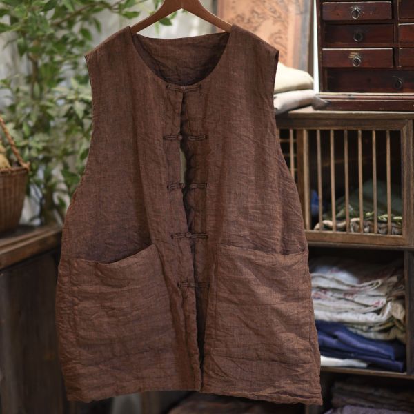 燕燕~色織亞麻中式盤扣雙層夾棉中長棉背心 