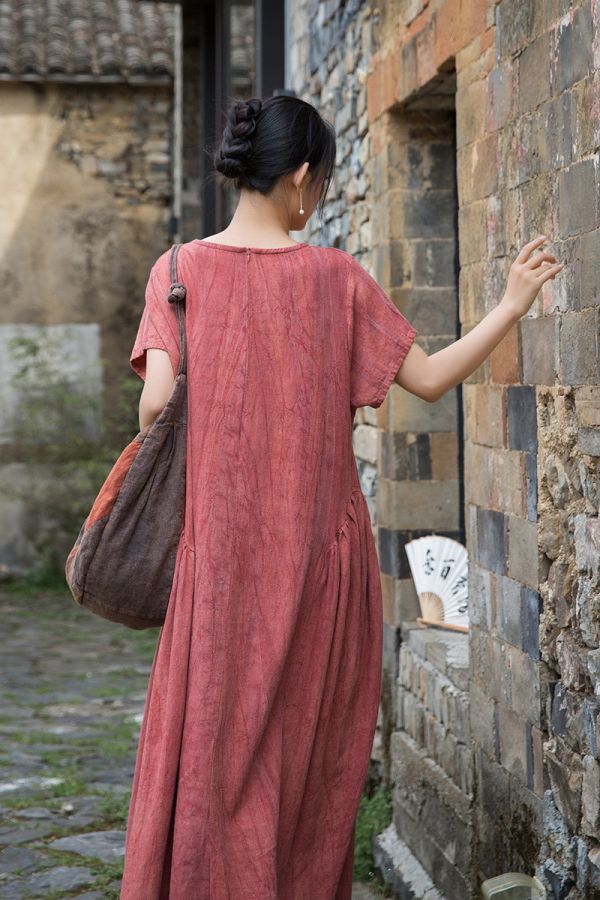 燕燕 夏款 亞麻紮染炒色文藝無袖長裙 洋裝 背心裙 