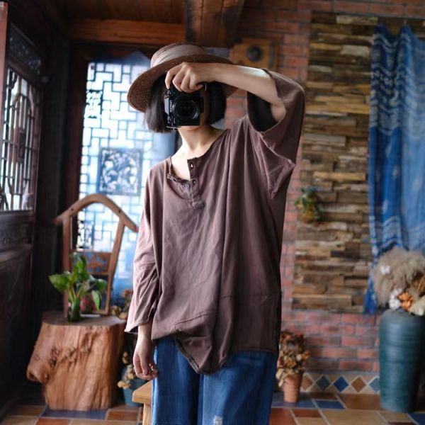 燕燕~針織棉。復古做舊雪花洗 不對稱寬鬆禪意大T恤 上衣 ab198401 