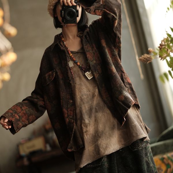 燕燕~秋冬新款 文藝復古雙層寬鬆翻領拼接開襟衫襯衫 ab96001 