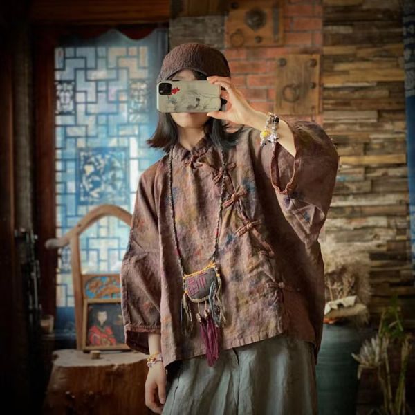 燕燕~春夏款 純亞麻 復古印花寬鬆蝙蝠袖麻衫 上衣 長袖棉麻衫  ab190101 