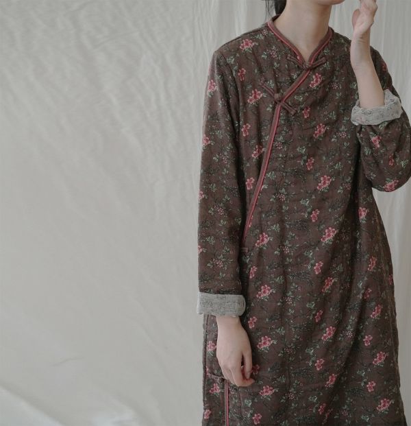 燕燕棉麻～ 秋冬款 輕中式雙層印花加厚旗袍 顯瘦禪意洋裝 連身裙  ab2214901 