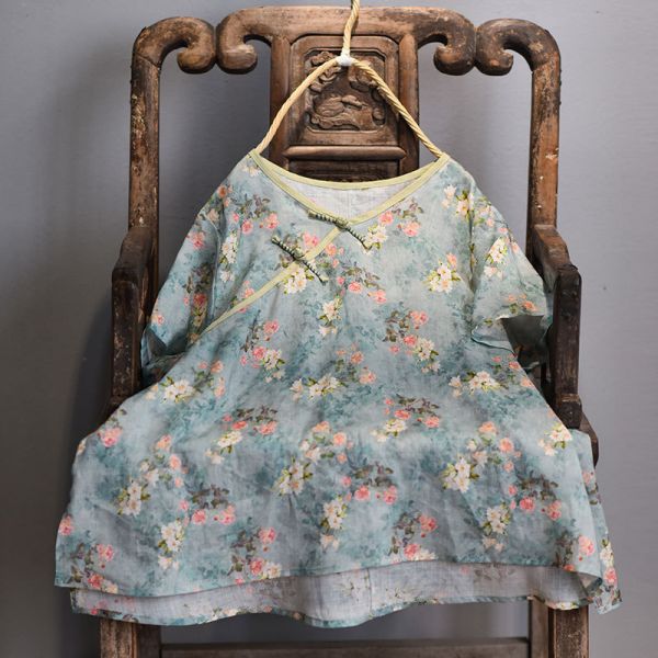 燕燕~棉麻商品~苧麻材質 數碼印花V領盤扣寬鬆襯衫 文藝上衣 短袖棉麻 