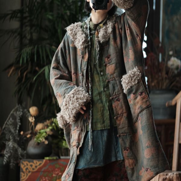 燕燕~秋季新款 復古斜襟盤扣羊捲毛夾棉棉衣棉服背心 外套 ab2224101 (娃娃款） 