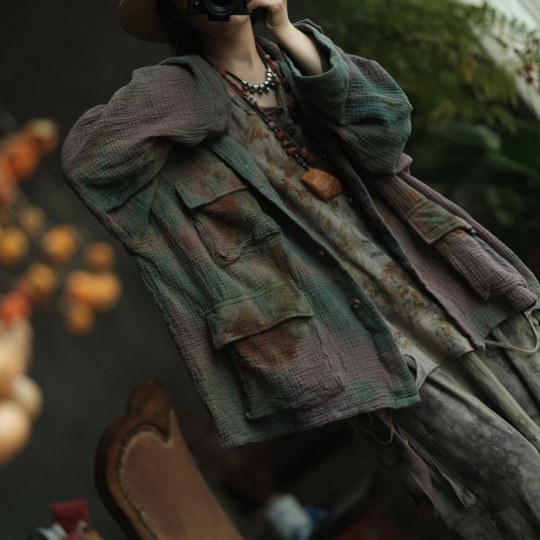 燕燕~植物染 復古翻領中式口袋棉麻外套 ab236301 