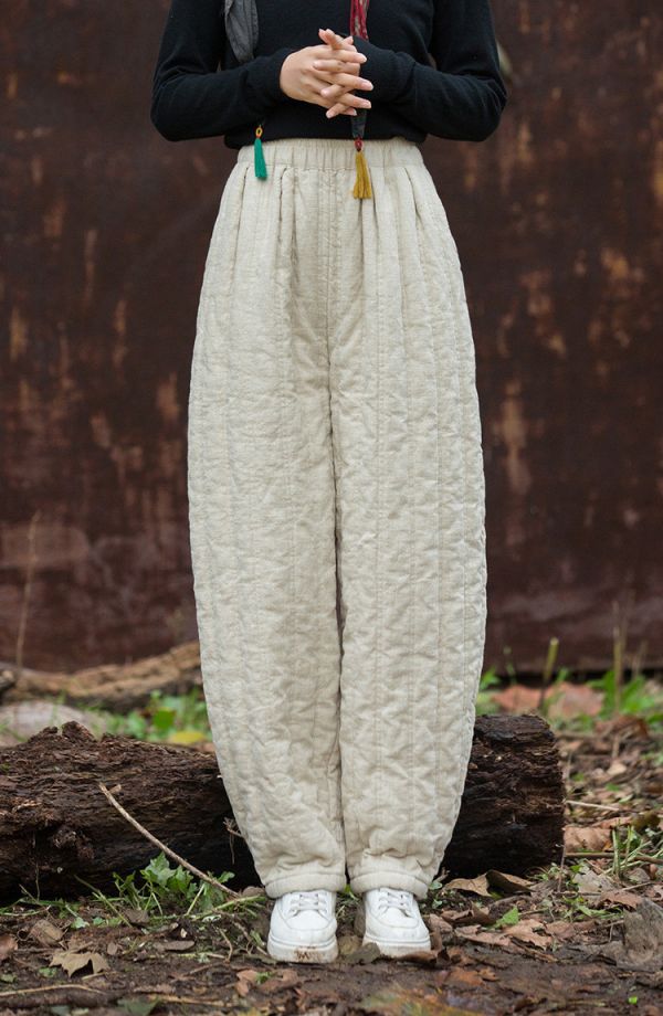 燕燕~苧麻夾棉絎縫炒色保暖長褲 時尚百搭休閒修身棉褲 