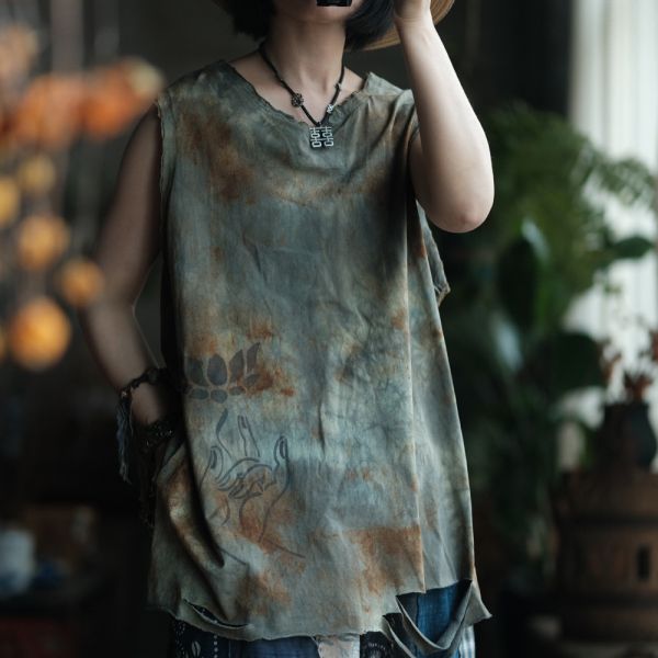 燕燕~夏季款式 復古手工植物染棉料V領背心 