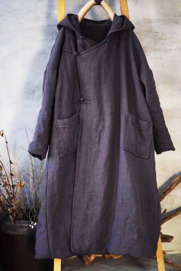 燕燕棉麻~~亞麻材質 冬裝新款 加厚砂洗夾棉連帽盤扣棉袍外套 長大衣 