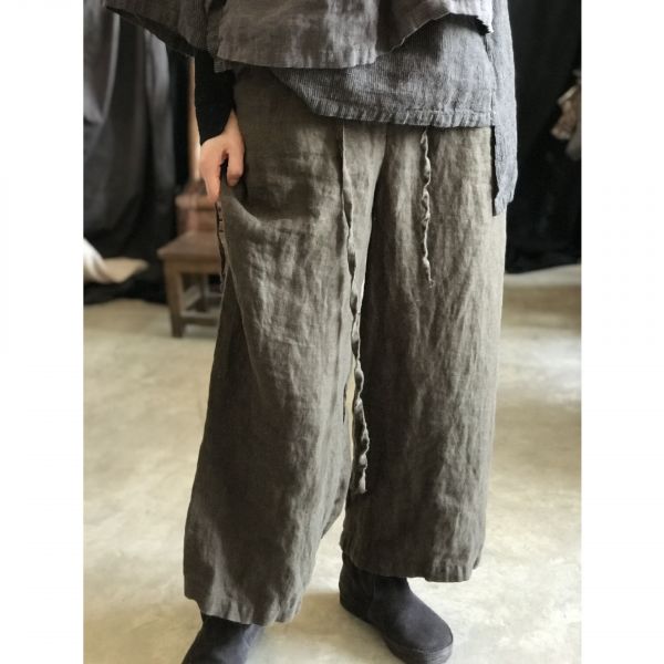 燕燕~棉麻商品~亞麻 春秋款。文藝復古鬆緊繫帶九分休閒闊腿褲 民俗風寬褲 