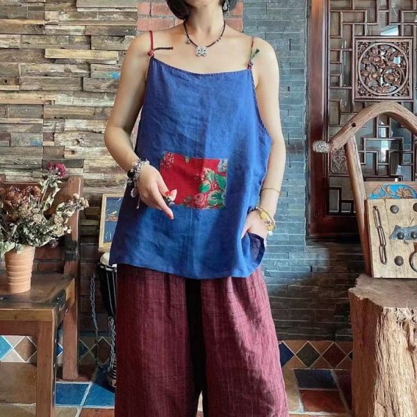 燕燕～夏款  棉麻 百搭舒適拼接前後兩穿寬鬆吊帶上衣 背心棉麻杉 