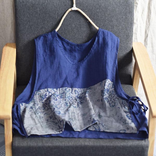 燕燕~春夏款 原創棉麻女裝文藝復古數位印花坎肩撞色無袖背心上衣 