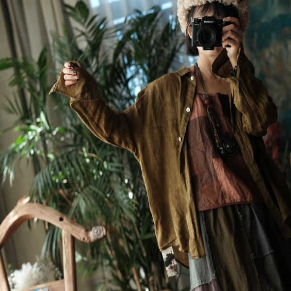 燕燕~復古水洗苧麻寬鬆襯衫 文藝穿搭開襟衫 ab204001 (可搭一套） 