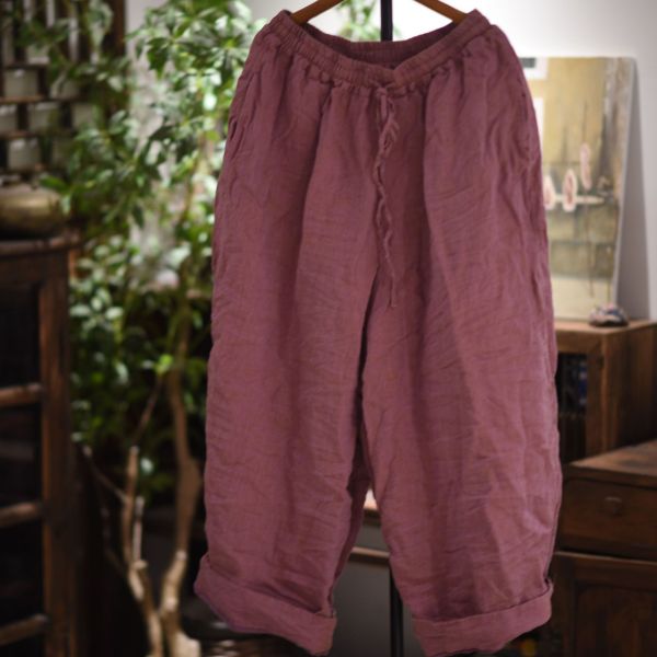 燕燕   色織亞麻雙層腰繩哈倫休閒褲 ab26901 