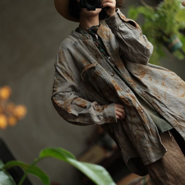 燕燕~亞麻～設計文藝復古做舊寬鬆外套襯衫 (植物染） 