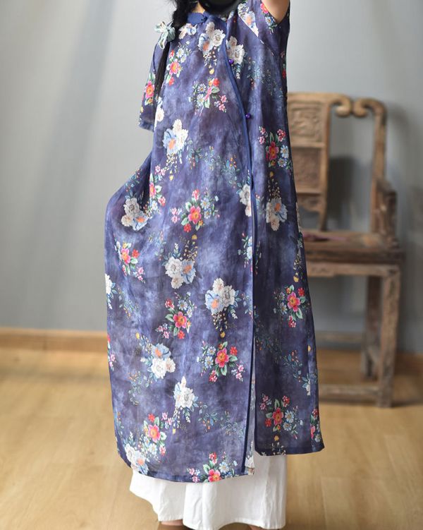 燕燕~棉麻商品 苧麻材質 數碼印花斜襟盤扣文藝開衩長旗袍 洋裝 連身裙  