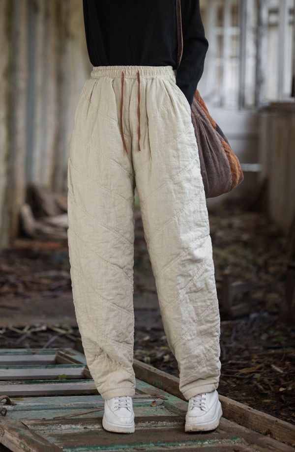 燕燕~冬季新款 苧麻夾棉絎縫炒色褲子 文藝百搭鬆緊腰女式長褲 棉褲 