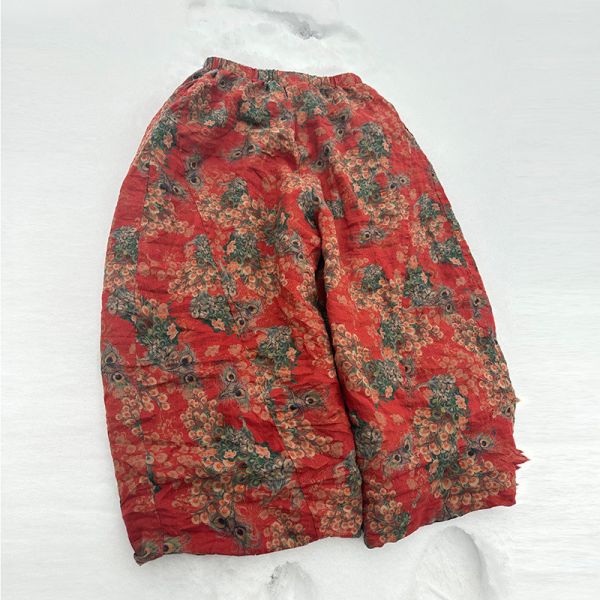 燕燕~亞麻~寬鬆版型～大尺碼休閒印花雙層復古休閒闊腿褲 長褲 