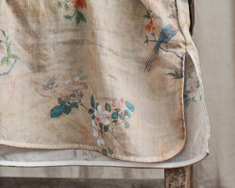 燕燕~棉麻商品 苧麻材質 印花中長款茶服襯衫 復古傳統手工縫盤扣上衣  