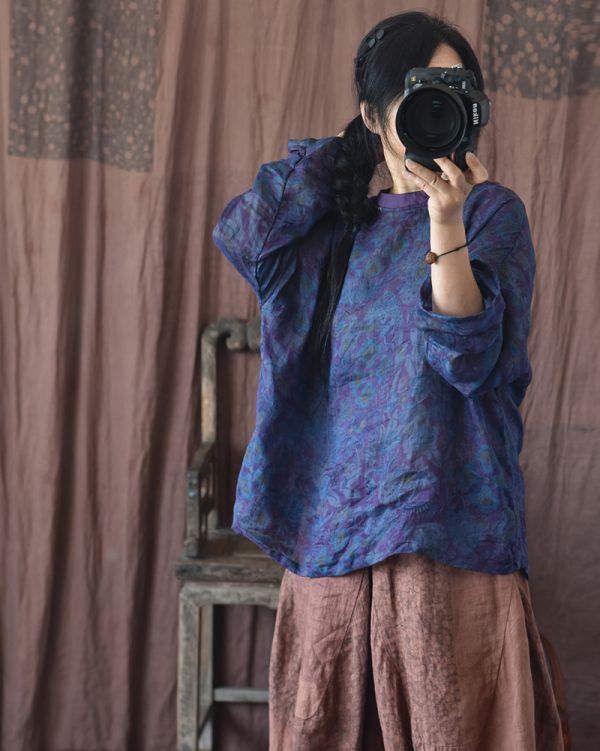 燕燕. 苧麻 撞色休閒輕薄上衣 復古寬鬆襯衫 長袖棉麻衫 