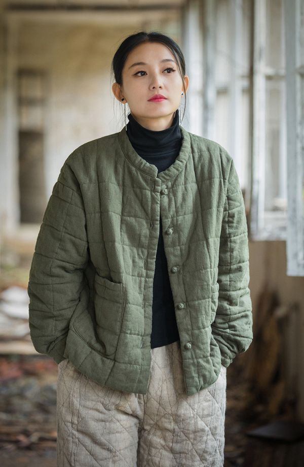 燕燕~冬季新款 莧麻夾棉絎縫方格棉襖棉服時尚文藝個性女式短棉衣外套 