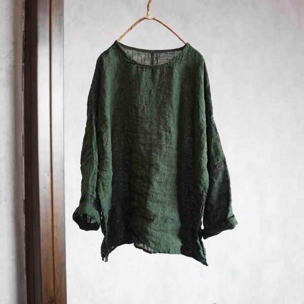 燕燕~ 四季款 色織亞麻文藝復古圓領上衣 