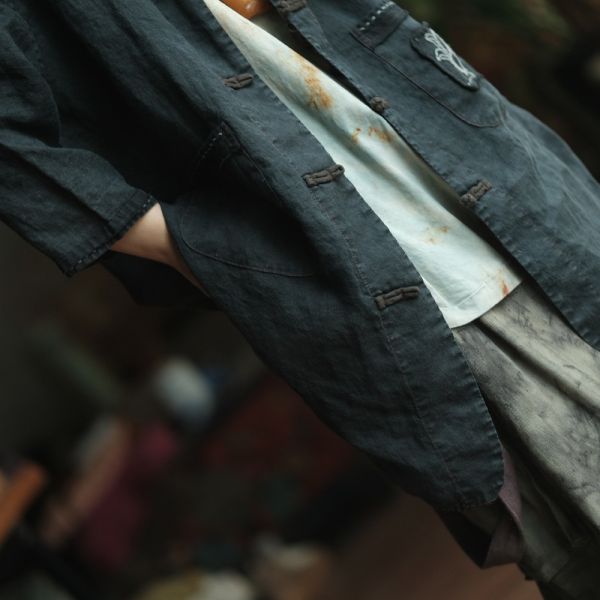 燕燕~春夏款 純苧麻。復古文藝印花寬鬆對襟長上衣襯衫  ab217601 